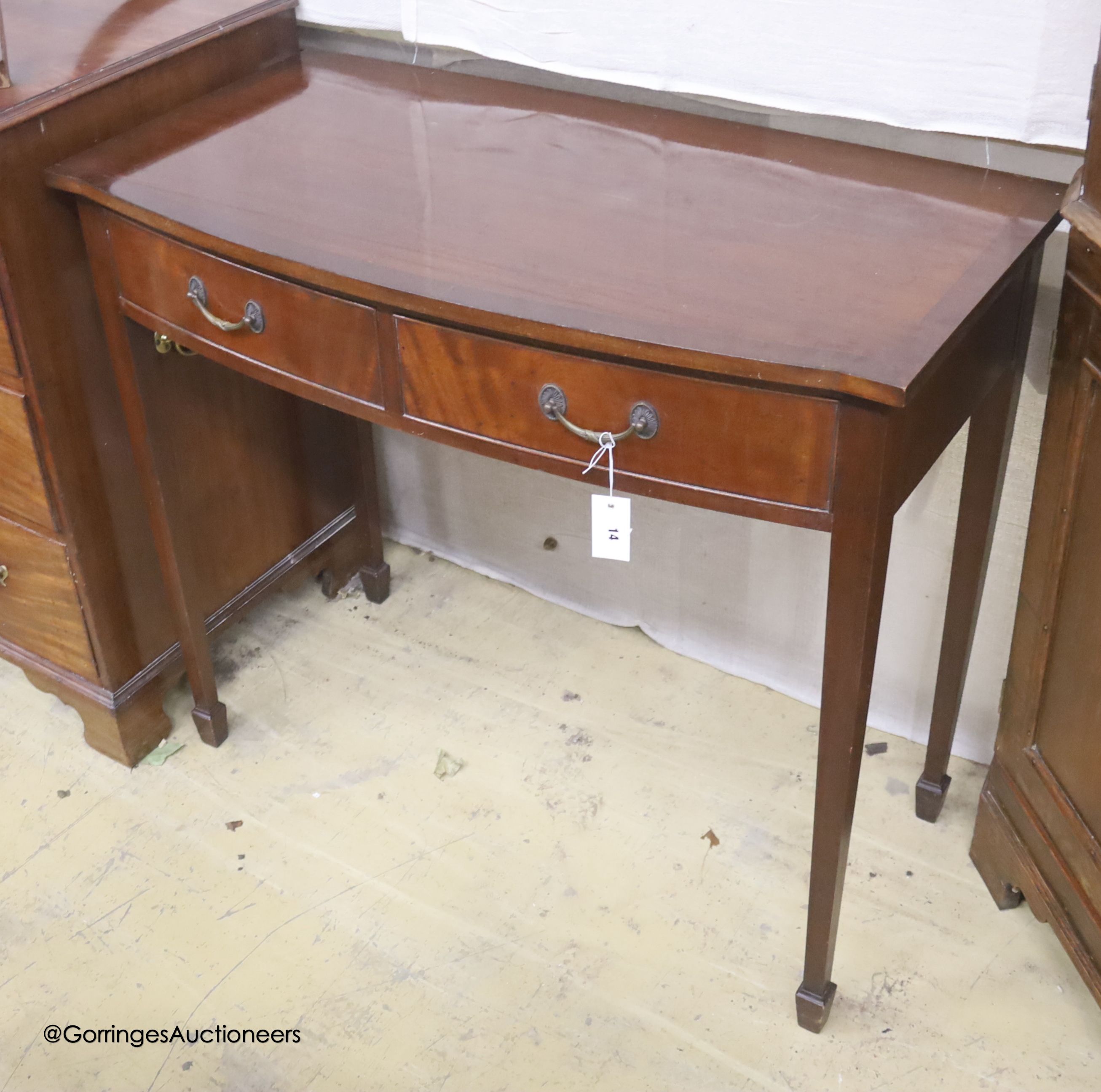 A George III style mahogany bow-fronted side table, width 99cm, depth 52cm, height 86cm